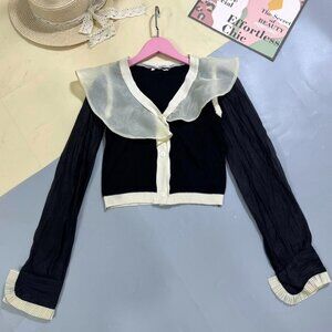 Black Cream Organza Ruffle Collar Cropped Cardigan Sheer Sleeve Top